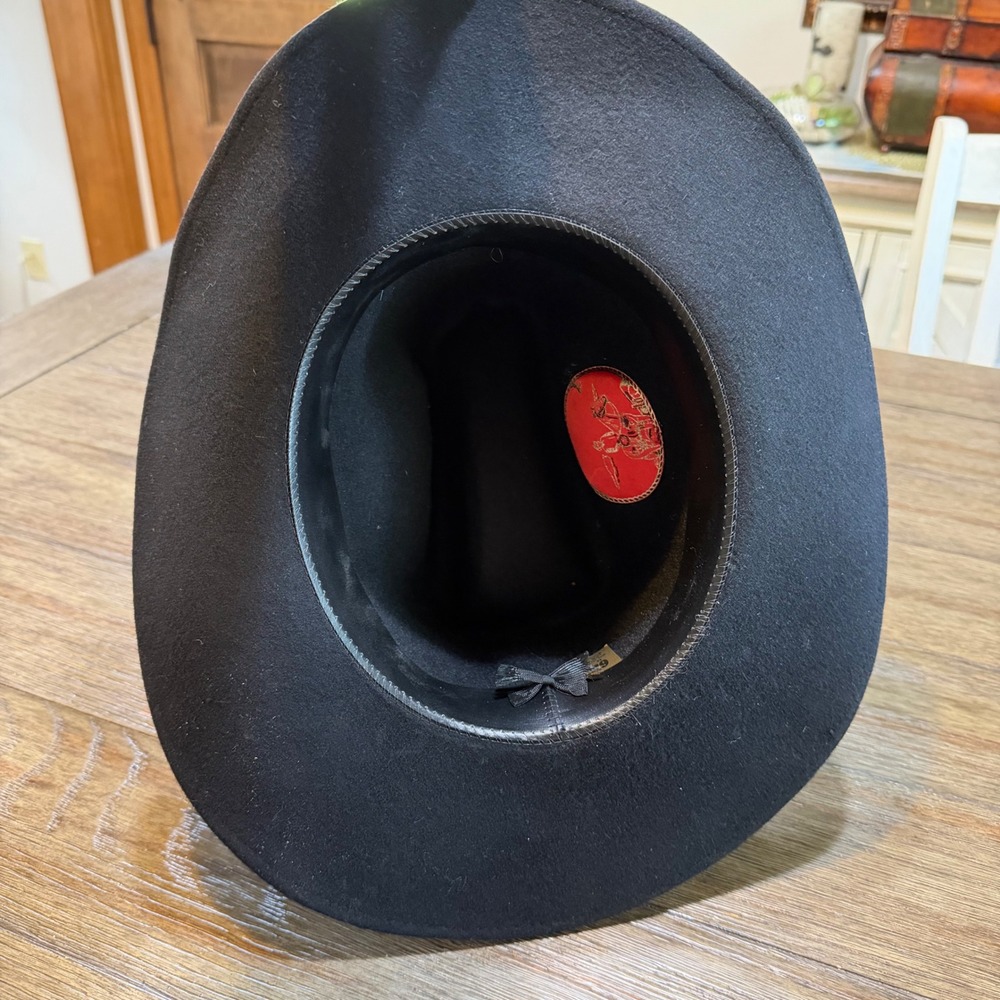 Vintage Black Wool Felt Cowboy Hat Feather Band Size 6 7/8 Western Boho Festival - Picture 6 of 10